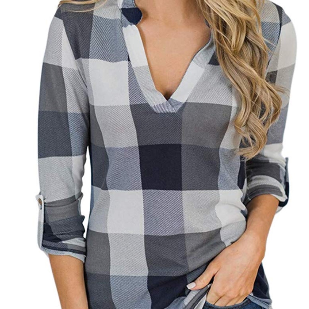 Womens Leopard Plaid Shirts Roll Up Long S